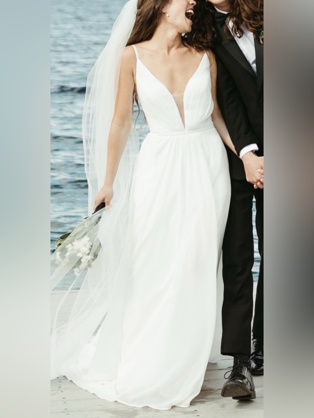 Elegant White V-Neck Wedding Dress with Sheer Bodice